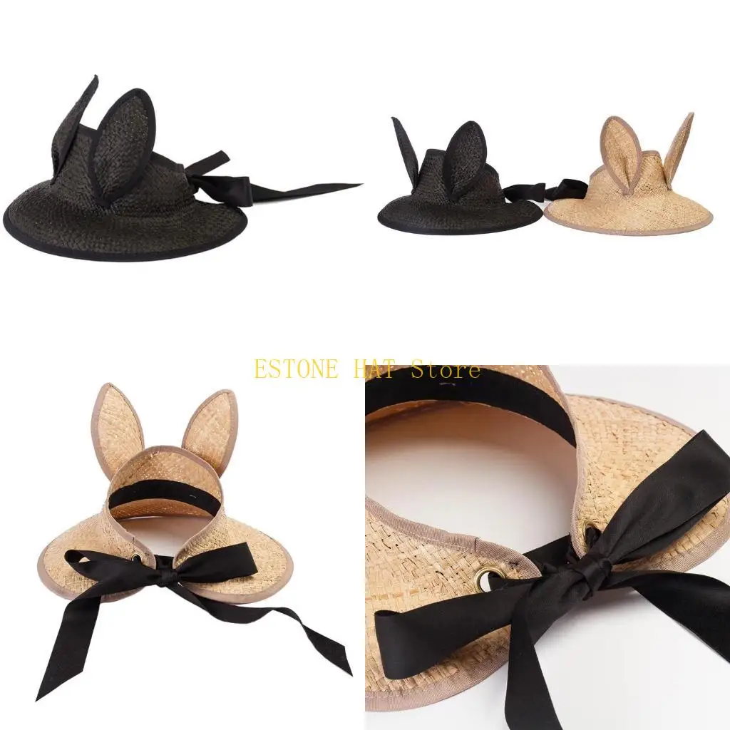 49MF Straw Sunhat Girls Adjustable Sun for Protection Cooling for Summertime with Bunny Ears & Adjustable Fixing Strap