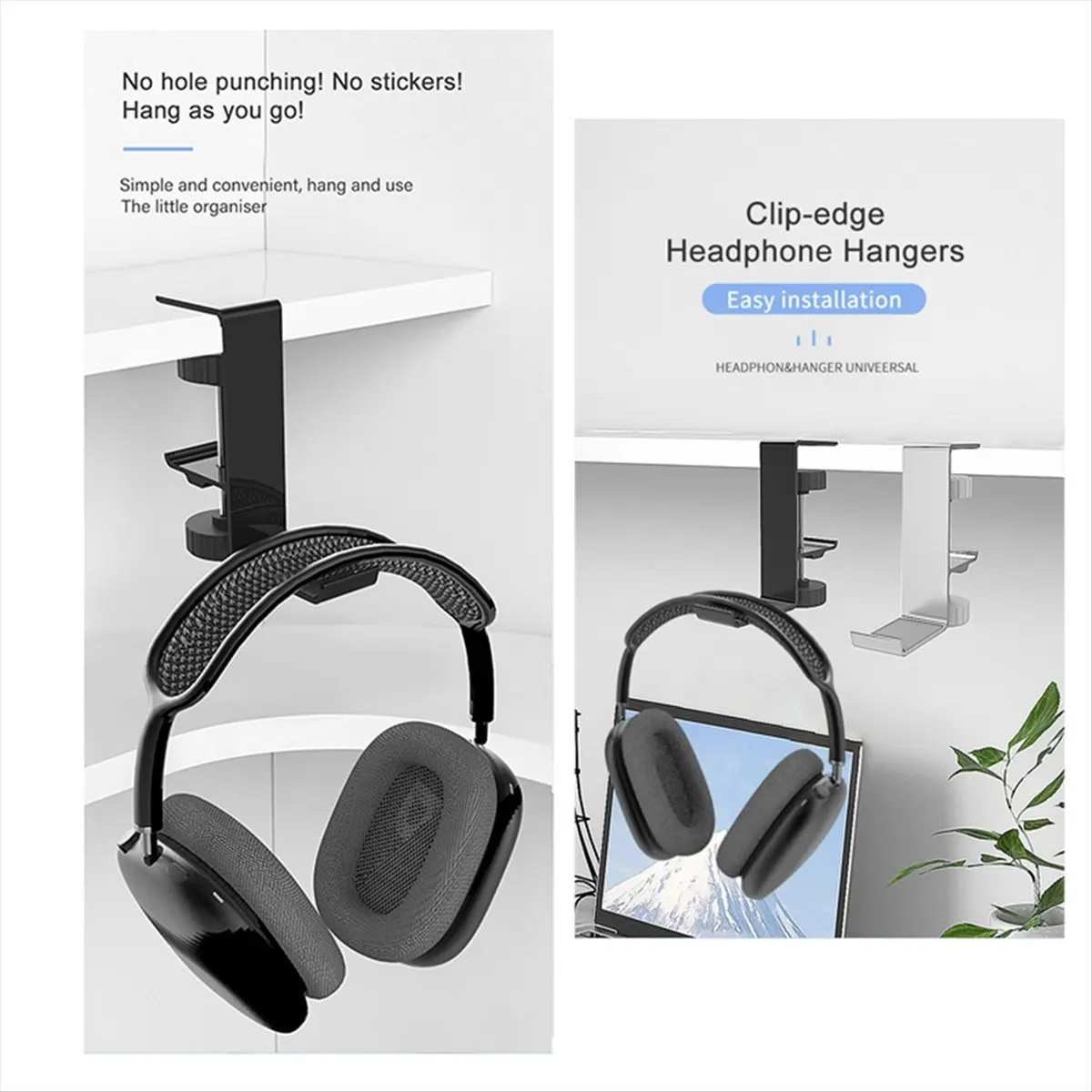 B21B Clip-on Headset Holder Z20 Clip-on Hanger Hook Headset Universal Hanger Metal Desktop Countertop Hooks Brackets,Black