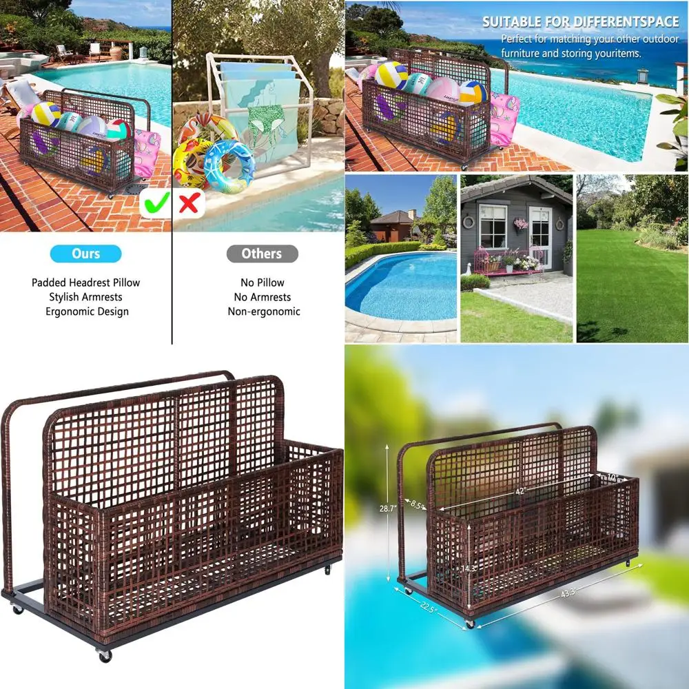 

Portable Outdoor Pool Float Storage Box with Wheels, PE Rattan Design for Patio and Beach Use