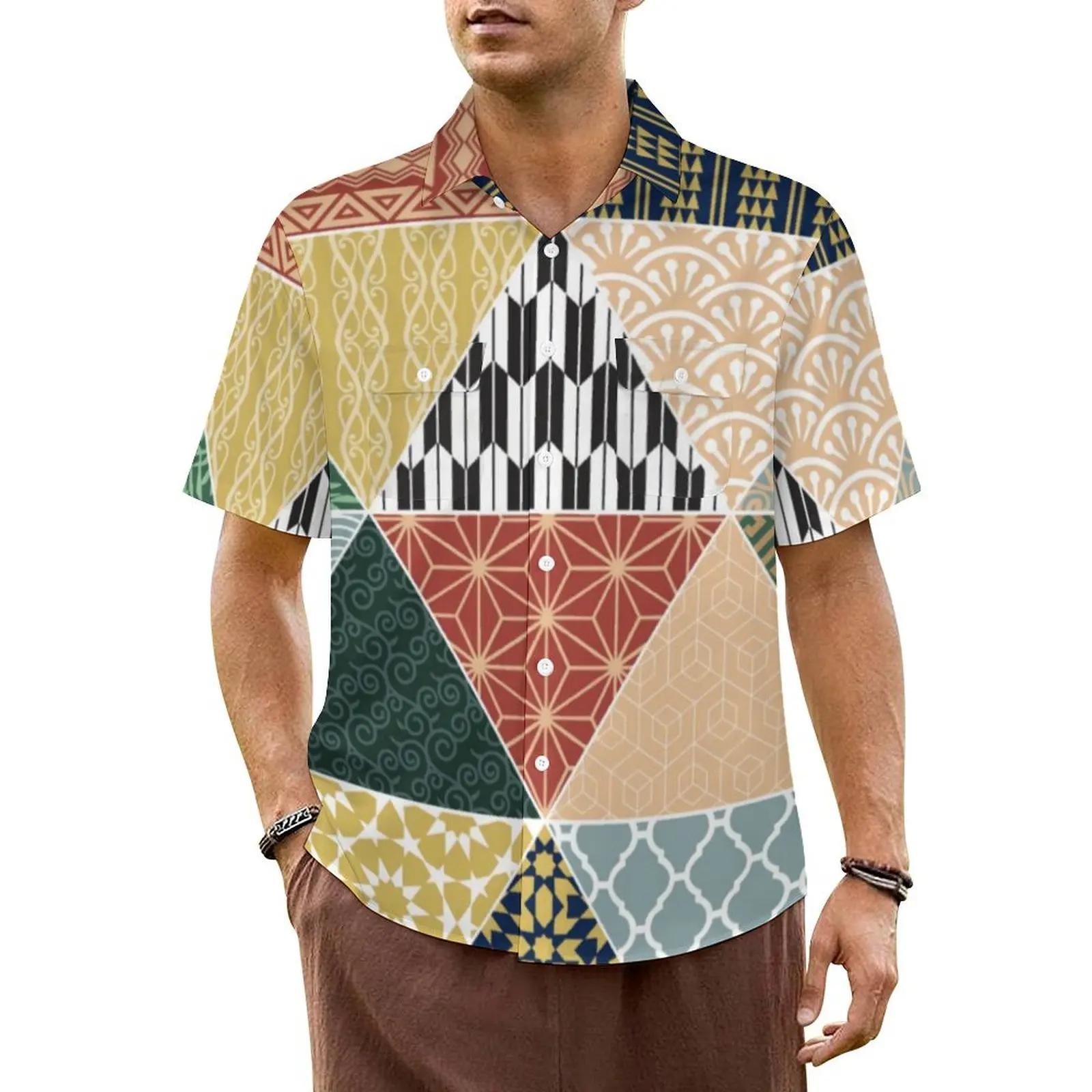 

Colorful Patchwork Summer Shirt For Man Vacation Tribal Ethnic Print Casual Shirts Short Sleeve Stylish Elegant Oversize Blouses