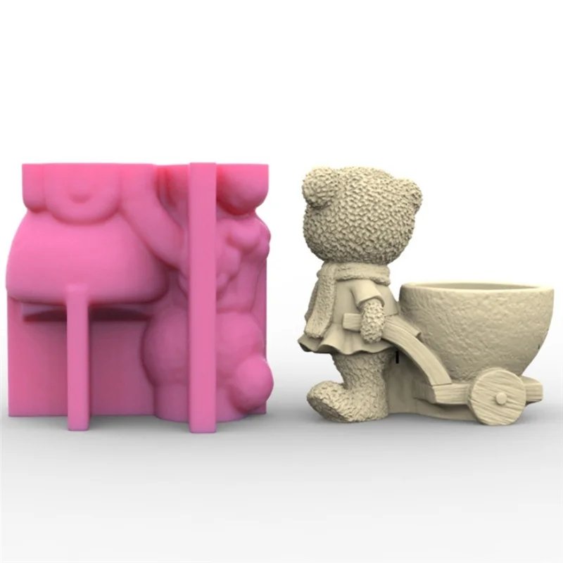 AED2-منظم حامل فرشاة الماكياج على شكل زهرة فنية رائعة وقالب وعاء زارع تمثال الدب - حديقة السيليكون وديكور المنزل