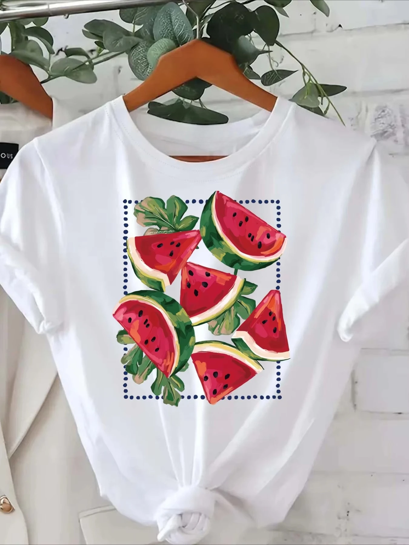 Watermelon Print Minimalist Style Women T-shirt Summer Women's Casual Crew Neck Short Sleeve Top Daily Soft Comfortable Clothing