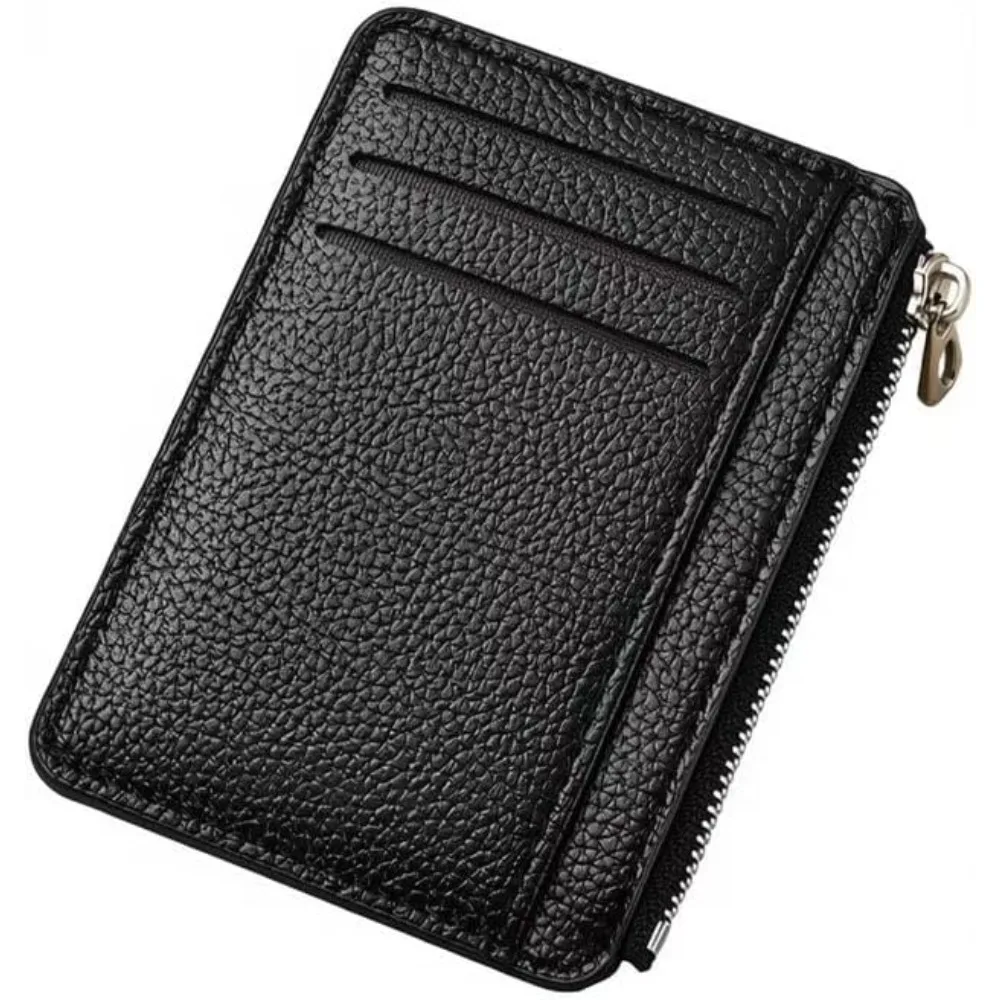 Ultra Thin Top Grain Leather Zipper Card Wallet, 6 Slots (3+3), Slim Cash & Card Holder, Unisex for Men Women