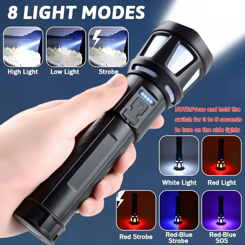 Multifunctional USB Rechargeable Flashlight Tail Magnetic Design Work Lamp Battery Level Display Fishing Torch