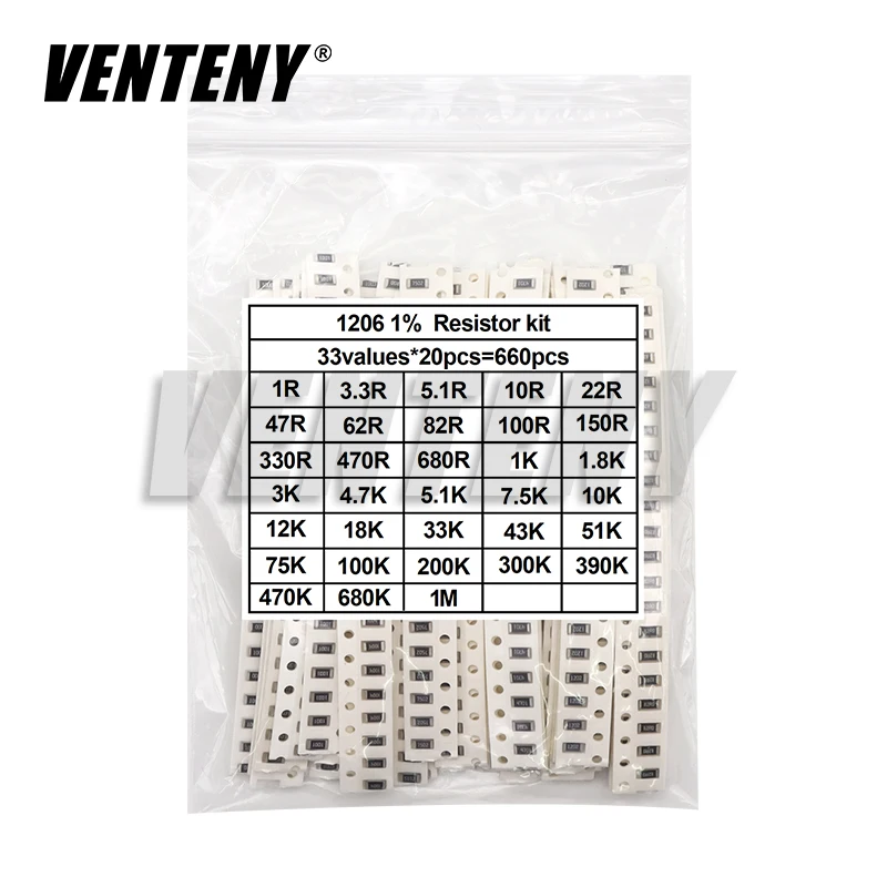 Kit assorti de résistances à puce SMD 660 pièces/lot 0603 0805 1206 0402 0201 1% 1R - 1M ohm 33valuesX20pcs, ensemble d'échantillons de résistance