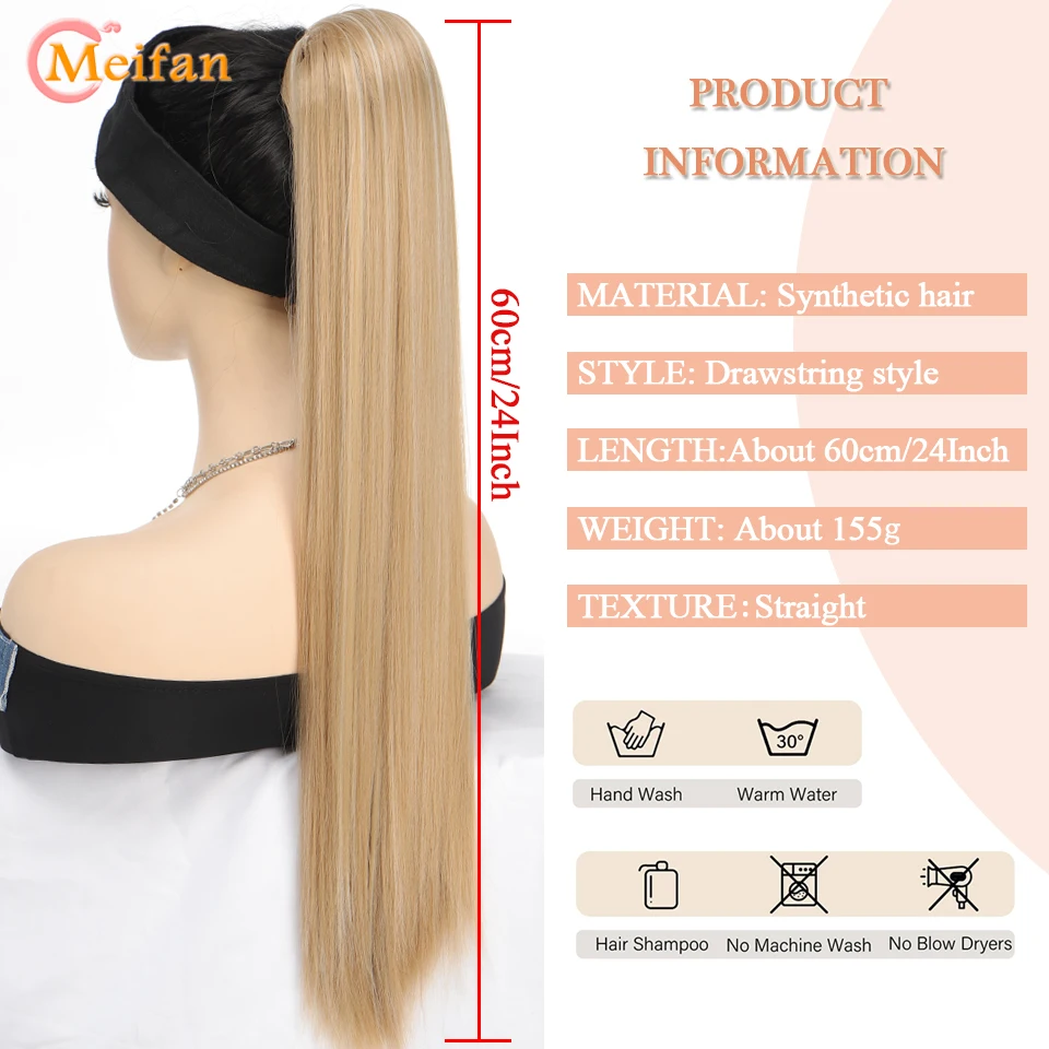 MEIFAN Synthetic Long Straight Drawstring Ponytail for Women Clip in Hair Extensions Black Blonde 60cm Natural Fake Hairpiece