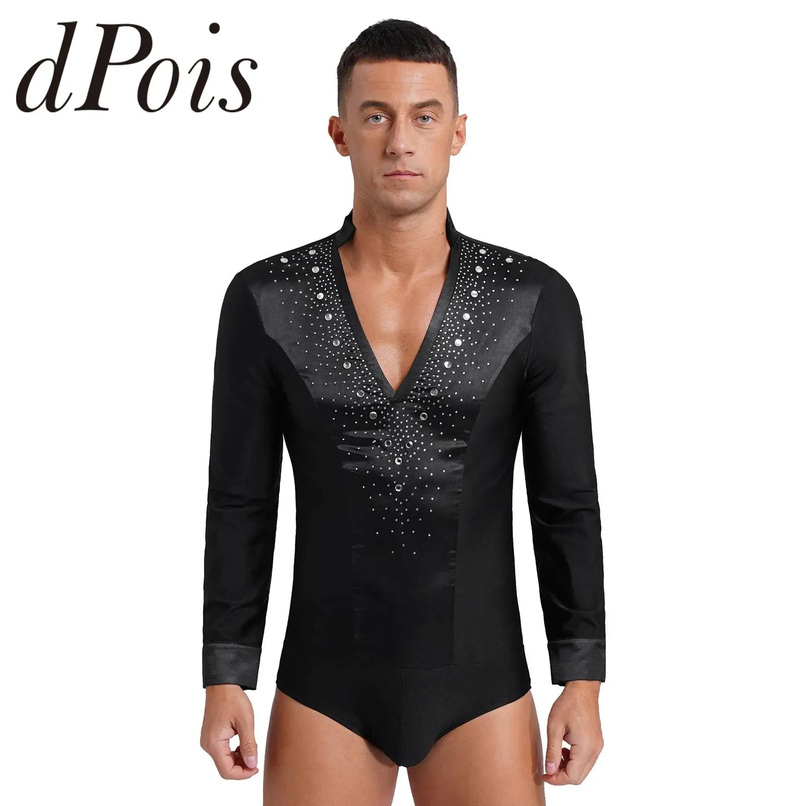 Camisas de baile latino con diamantes de imitación para hombre, empalme metálico, Top de competición, ropa de rendimiento, salón, Chacha, ropa de baile latino