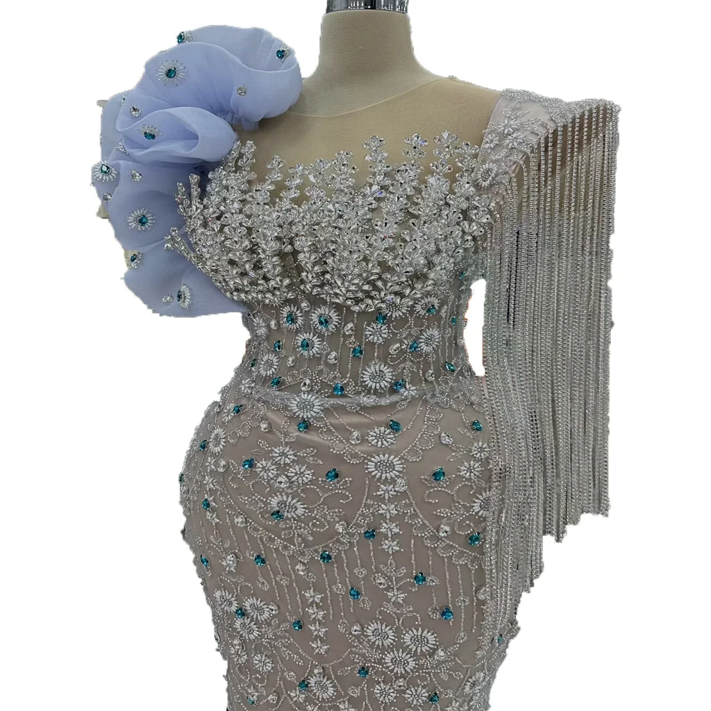 

Customized Champagne Crystal Tassel Pearl Mermaid Evening Dress Arab Formal Wedding Event Ball Party Dress