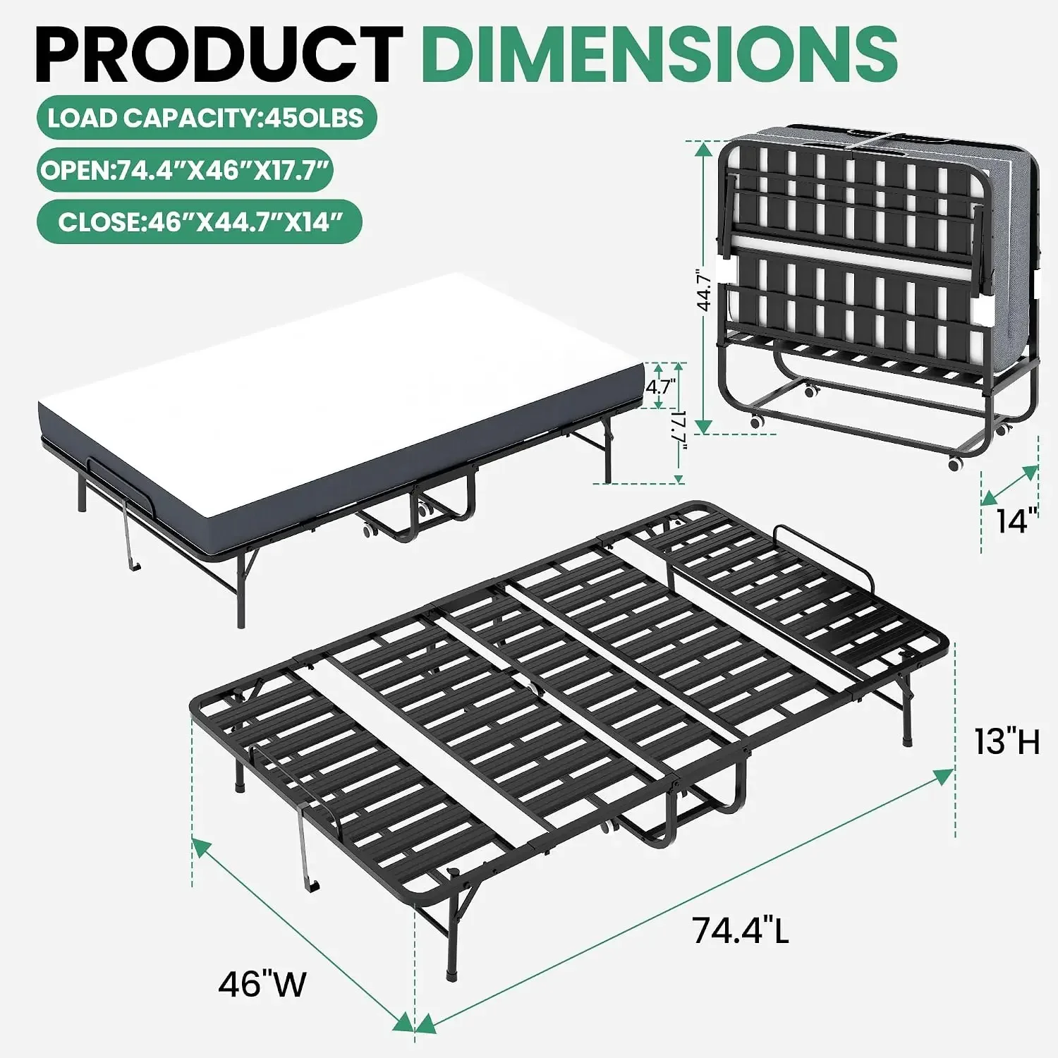 Folding Bed with Mattress,5-Inch Memory Foam Foldable Bed for Adults,500lbs Capacity Rollaway Bed with Storage Cover