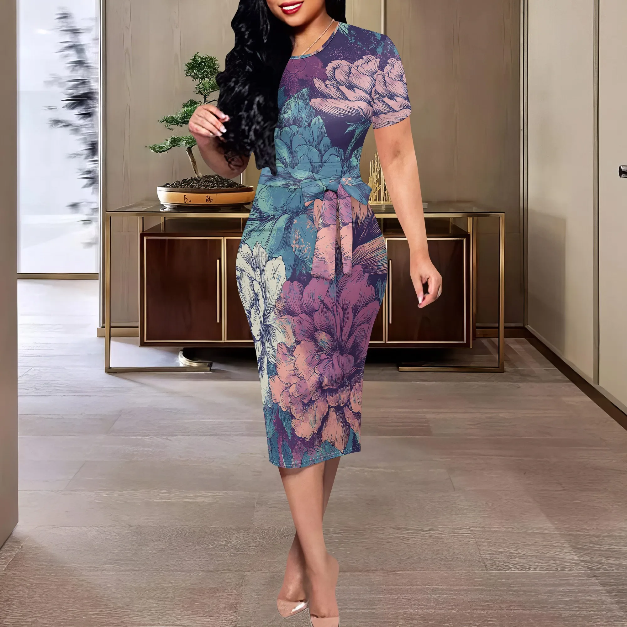 

Vintage Floral Print Midi Dress XS-3XL Short Sleeve Belted Style for Fall Wedding Guest, Art Show or Elegant Daywear
