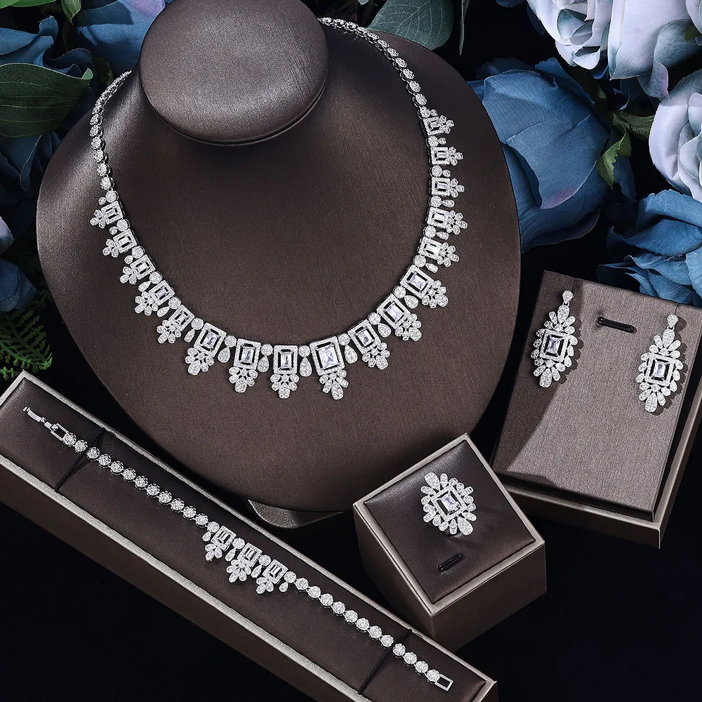 

Luxury Crafts Zirconia Square Crystal Floral India Saudi Arabia Bridal Wedding Jewelry Set Women's Gift Prom Daily Accessory