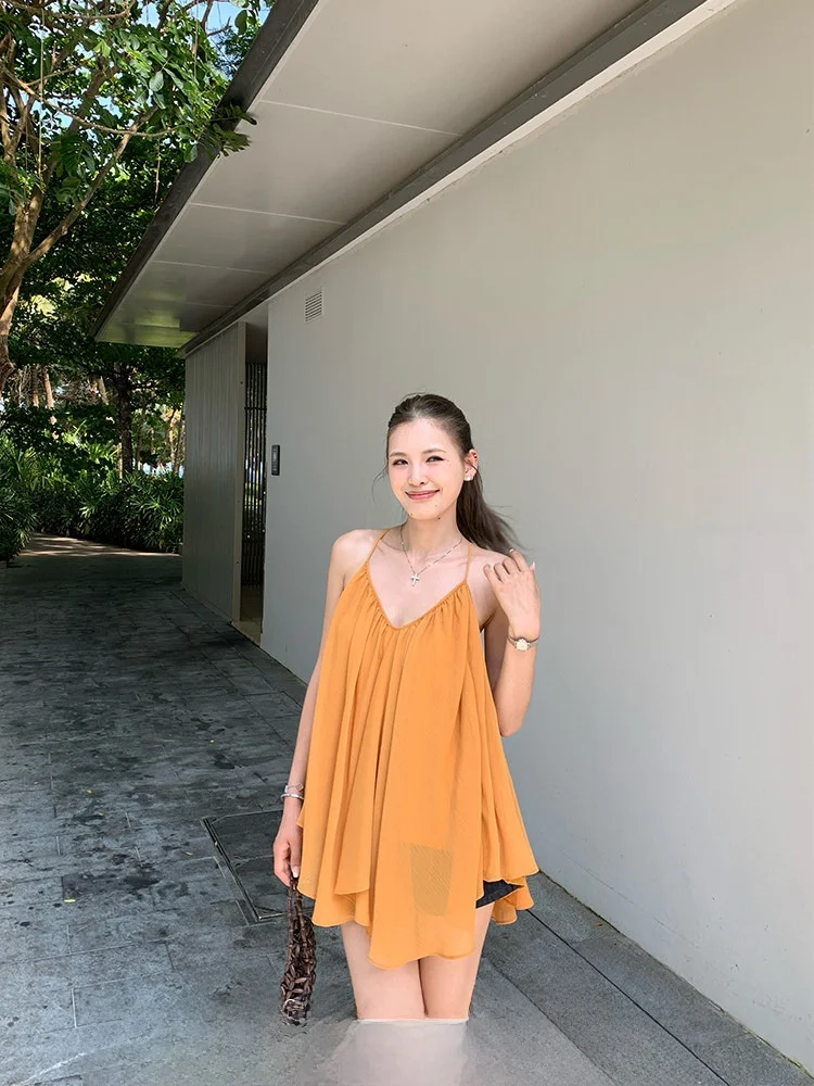 

Xzichic V-Ne Svel Chiffon Tank Top Women's Summer Faion Cold Tone Strapl Vest Loose Fit French Sle Outerwear