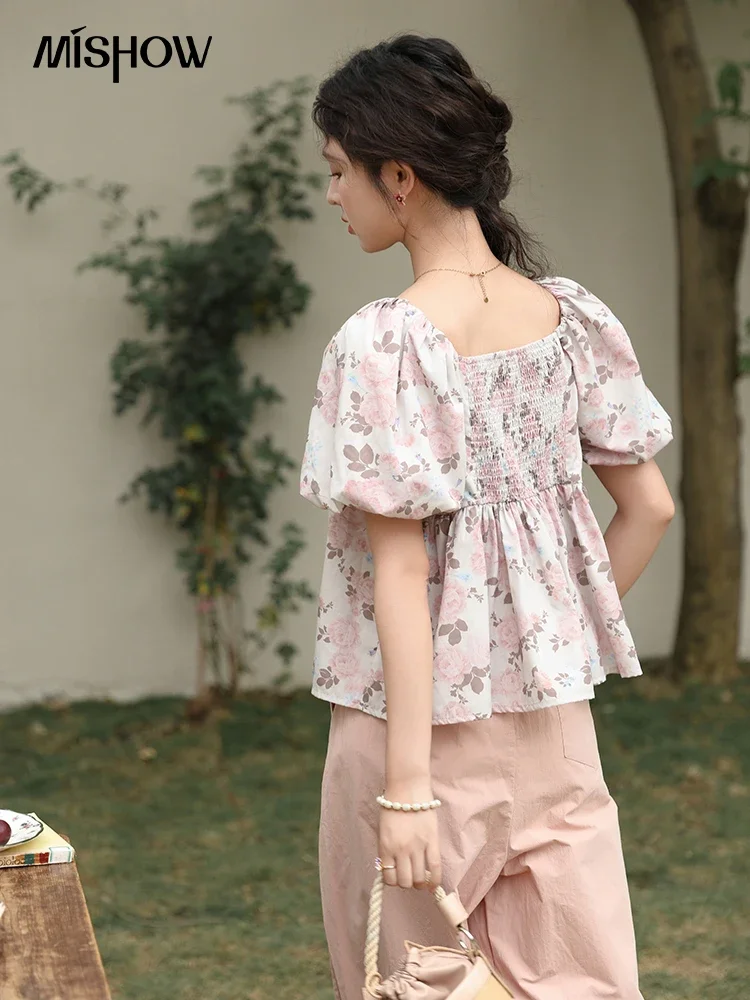 MISHOW One Line Neckline Floral Top for Women Summer 2024 Korean Bubble Sleeves Back Elasticity Blouses Sweet Tops MXD28X1589