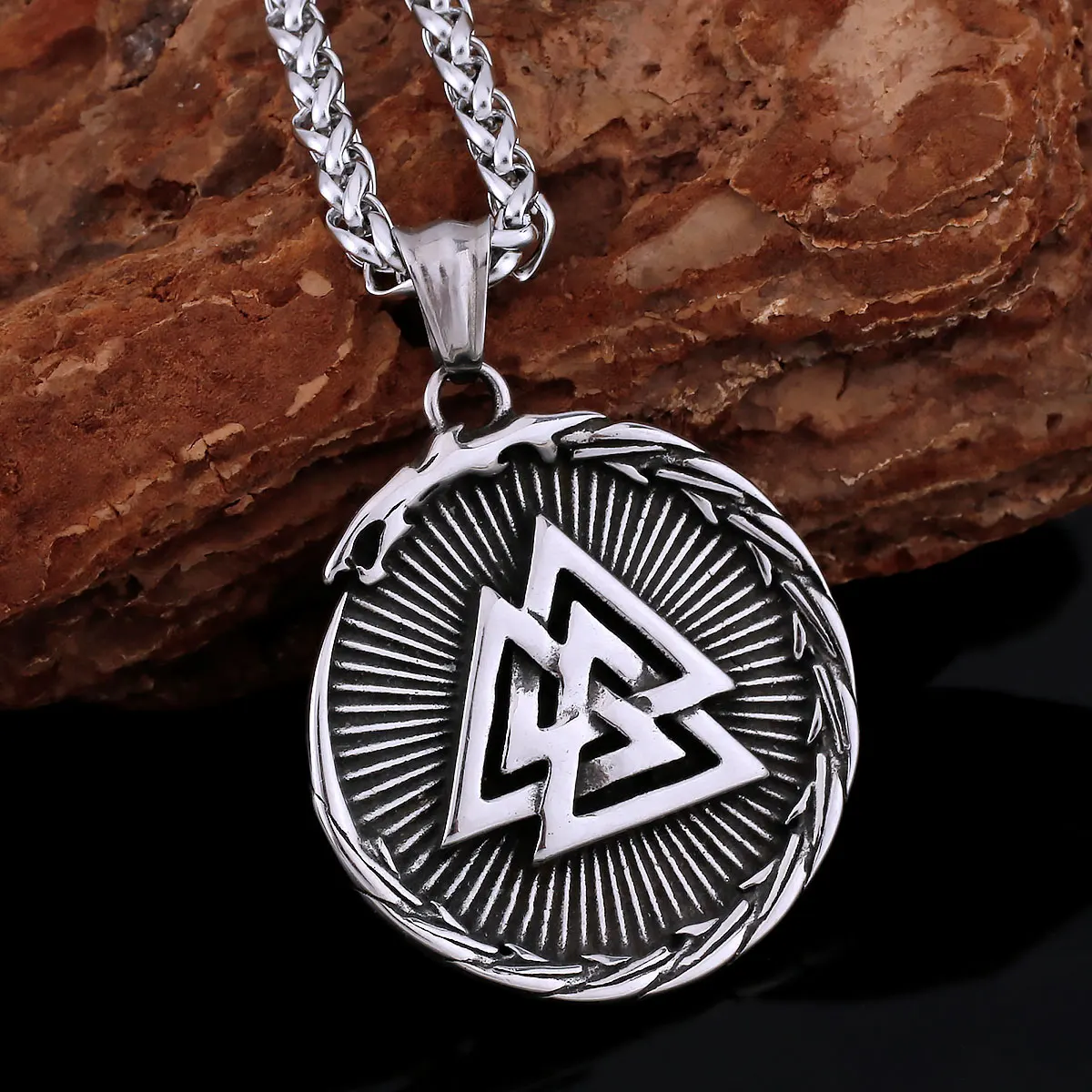Vikings Stainless Steel Dragon Ouroboros Necklace Men Valknut Compass Slavic Rune Amulet Jewelry Gift for Boyfriend Pendant view 2