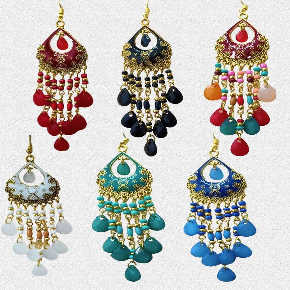 Bohemia Style Bohemian Tassel Earring Colorful Retro Creative Hollow Earrings Alloy Hoop Mixed Color Ethnic Style Earring Lady