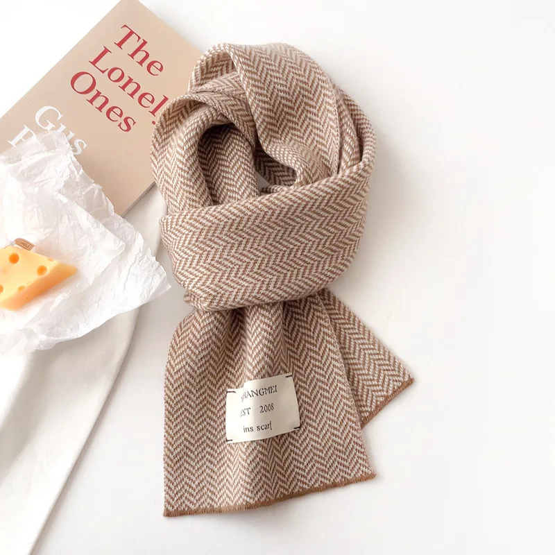 Scarf Warm Knit Acrylic Solid Wheat Texture Minimalist Patch Label Korean Style Unisex Students Cozy Soft Durable Winter