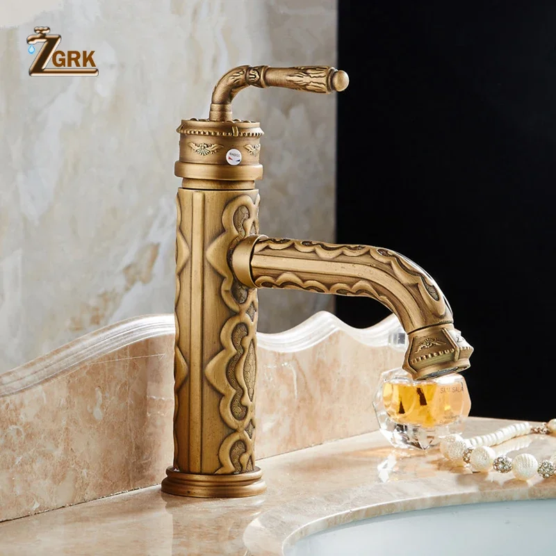 Baterie umywalkowe Solid Brass Vintage Antique Bathroom Faucet Single Handle 360 Degree Swivel Spout Hot Cold Water Basin Mixer Tap
