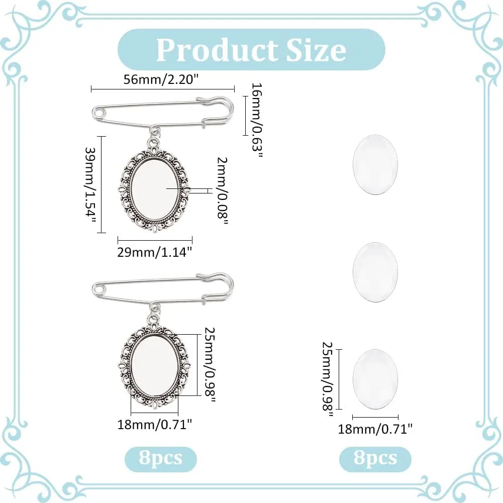 8 Sets DIY Pin Brooch Making Kit Including 8 pcs Iron Brooch Tray with 8 pcs Oval Clear Glass Cabochons Boutonniere Bouquet