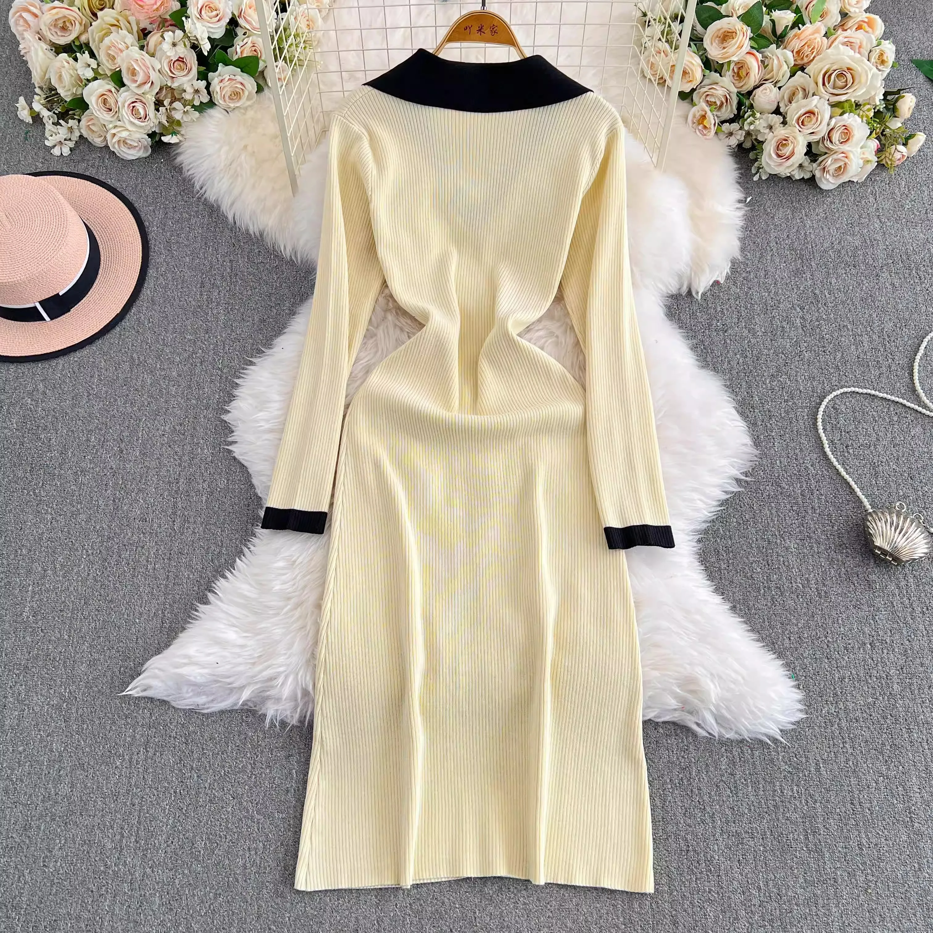 YuooMuoo Women Dress 2024 Autumn Winter Notched Knitted Long Dress Office Lady Single-breasted Beige Black Sweater Dress