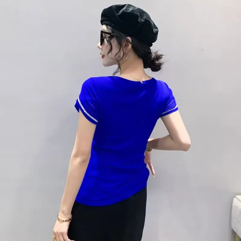 New Summer High-End Short Sleeved Women\'s T-Shirt Fashion Hollow Out Hot Diamonds Mesh Tops Casual O-Collar Design M-3XL Tees