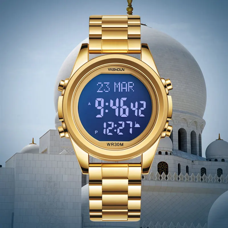 

YASHIDUN цифровые наручные часы мужские календарь многоязычные золотые мусульманские наручные часы часы из нержавеющей стали будильник мужские военные