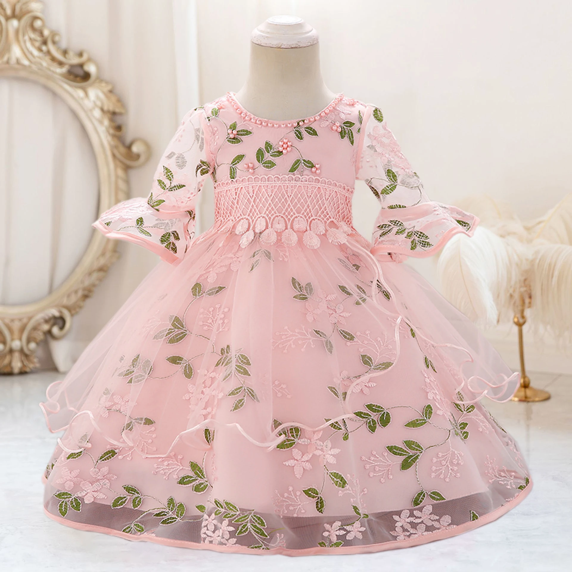 

Long Sleeve Flower Baby Girls Dresses Newborn Pink 1st Birthday Tulle Princess Dress For Girl Bridesmaid Wedding Summer Clothing