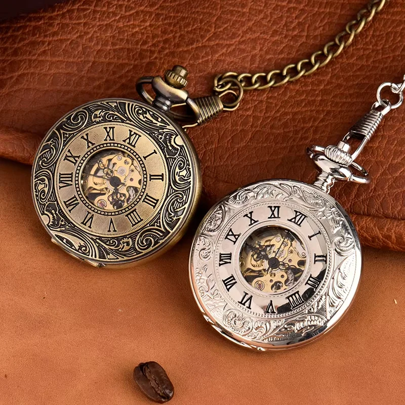

Large bronze Roman scale engraved lace pocket watch silver two face light double open mechanical watch