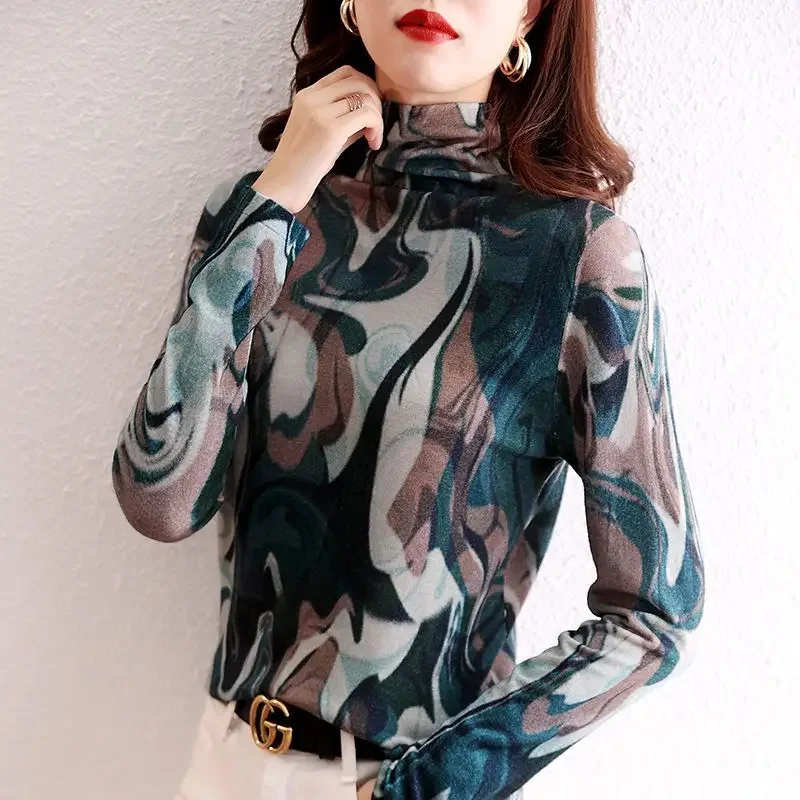 2023 Spring and Autumn Women's New High Collar Ink Green Elastic Fashion Printing Loose Versatile Comfortable Bottom Shirt