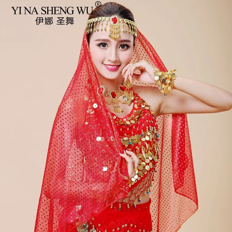 Lenço de dança do ventre feminino, moedas de ouro, véu de ponto brilhante, lenço de cabeça para dança do ventre, acessórios de dança, trajes indianos, 6 cores