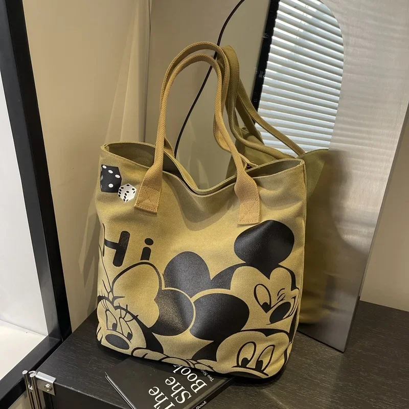 Large Capacity Fashionable Versatile Cute Cartoon Mickey Canvas Bag  Women 2024 Autumn Winter New Single Shoulder Tote Vintage