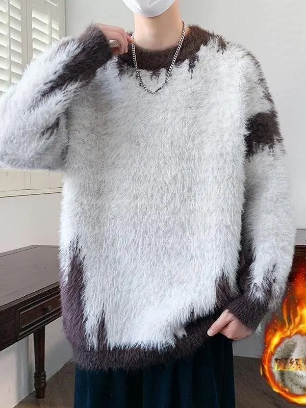 

Мужской вязаный свитер свободного кроя из утолщенного флиса, модный, в гонконгском стиле, зимний, с длинными рукавами, в стиле колор-блок