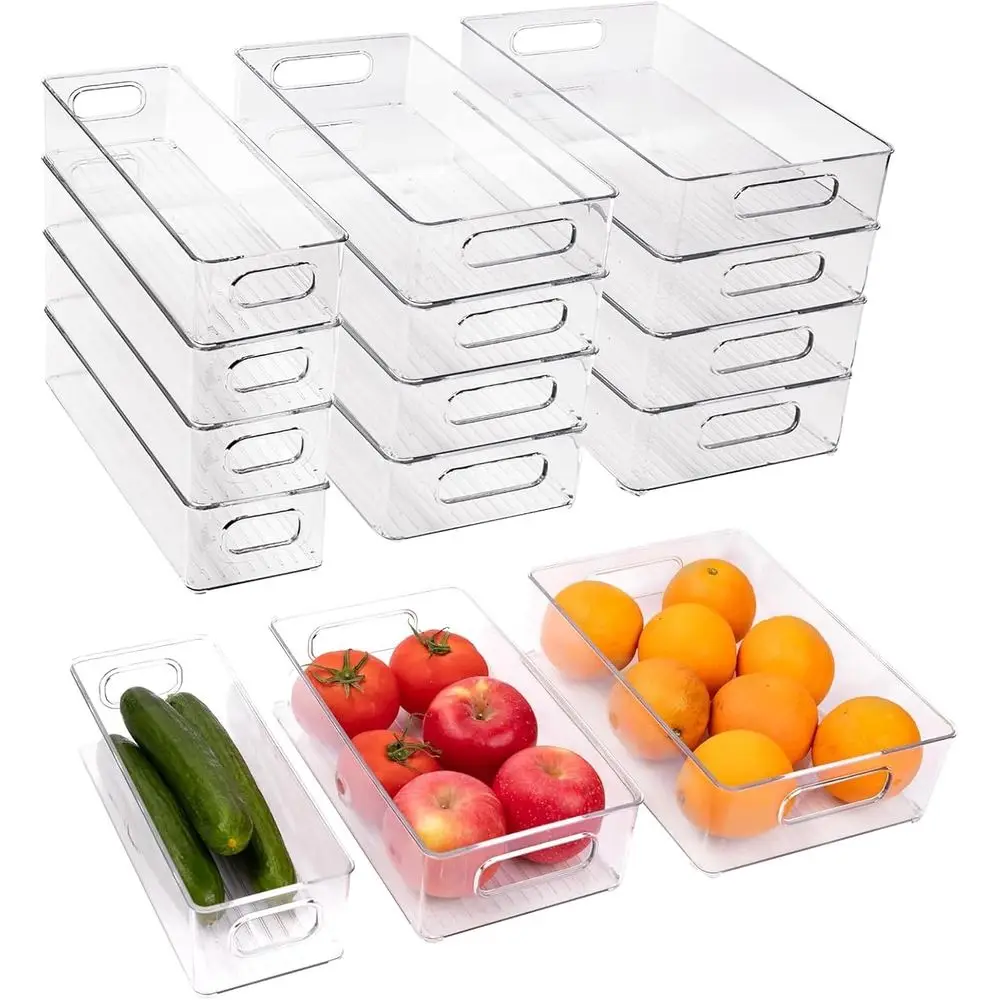 

12 Pack Refrigerator Organizer Bins, 3 Sizes Stackable Clear Pantry Storage with Handles for Fridge, Freezer, Shelves, Drawer, S