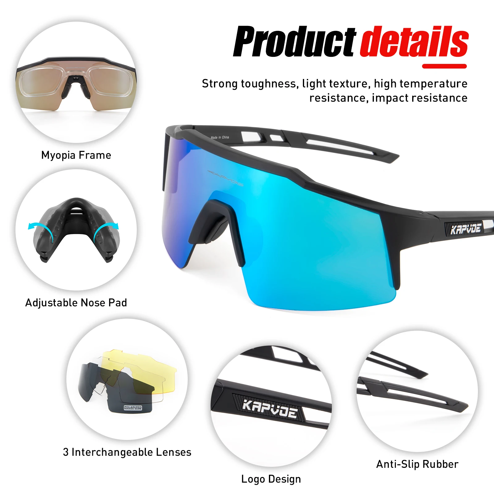 Kapvoe Cycling Sunglasses UV400 Cycling Glasses Polarized Built-in Myopia Frame Man Bicycle Eyewear Outdoor MTB Bike Goggles