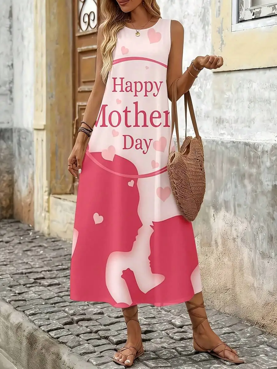 

Happy Mother Day Sleeveless Long Dress With Heart Pattern And Silhouette Design For Women