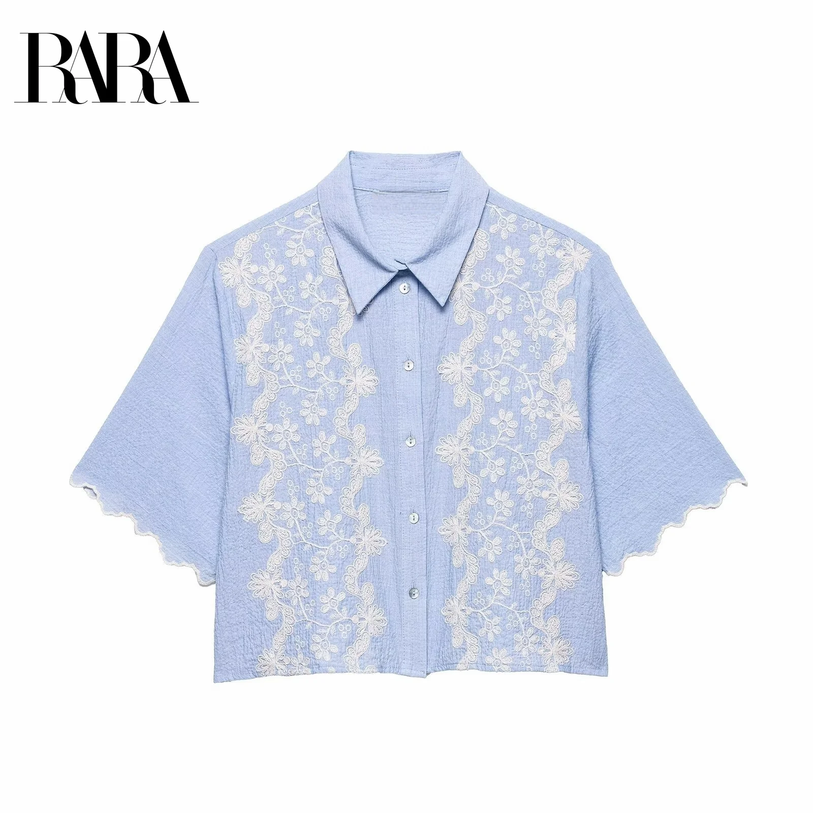 

RARA2025 Summer New Women's Clothing Contrast Color Embroidery Fashionable All-match Small Fresh Short-sleeved Lapel Short Shirt