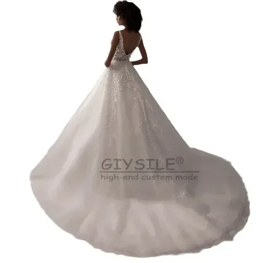 GIYSILE Gaun Pengantin Tanpa Lengan Leher V Vestido De Noiva Kustom 2025 untuk Wanita Gaun Pengantin Boho Pengantin Renda Gading A Line