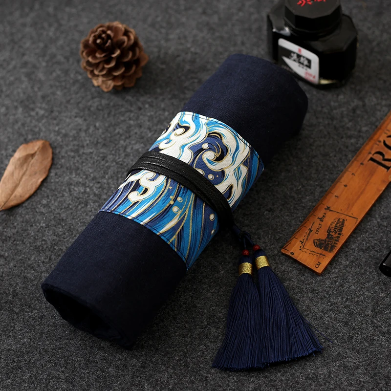 Japanese Pencil Bag Rolling Pencil Case High Capacity Cotton Fabric Pencil Case Soft Simple Vintage Pen Stationery Storage Bags