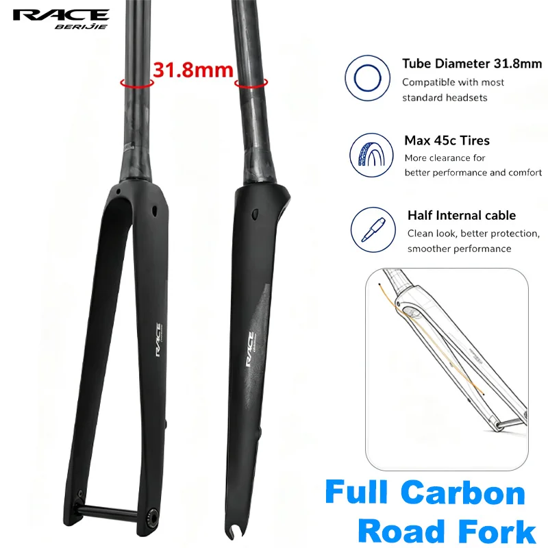 RACE Carbon Fiber Road Bike Internal Wiring Tapered Tube Front Fork,31.8mm,Matte 700C X 45C Thru Axle 12x100mm or QR,Rigid Fork