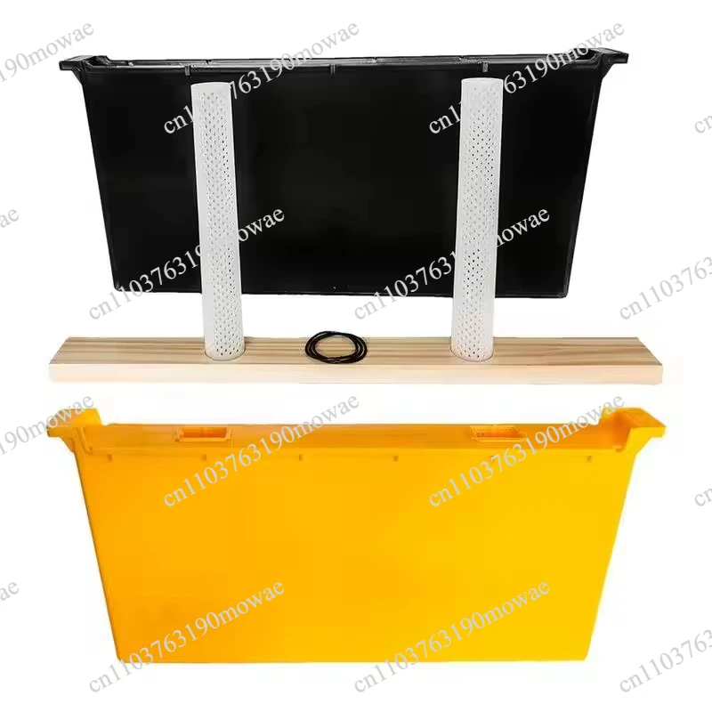 Plastic beekeeping tools, yellow honeycomb frame and feeder