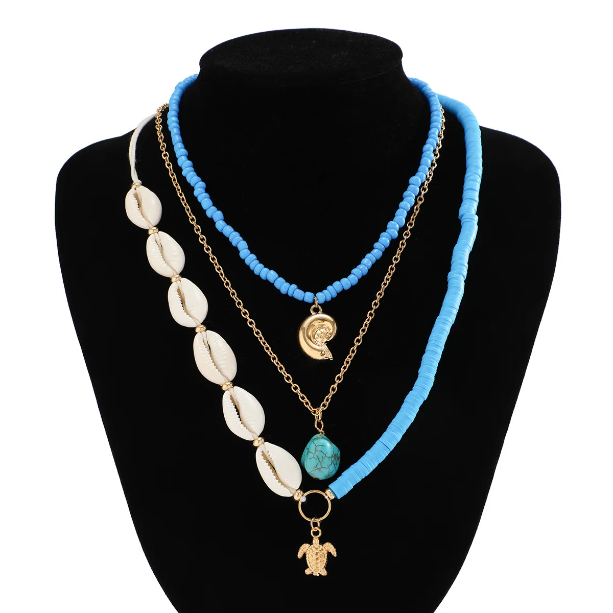 Multilayer Personality Blue Irregular Natural Stone Pendant Sea Turtles Necklace Small Conch Beads Handmade Wove Choker Jewelry