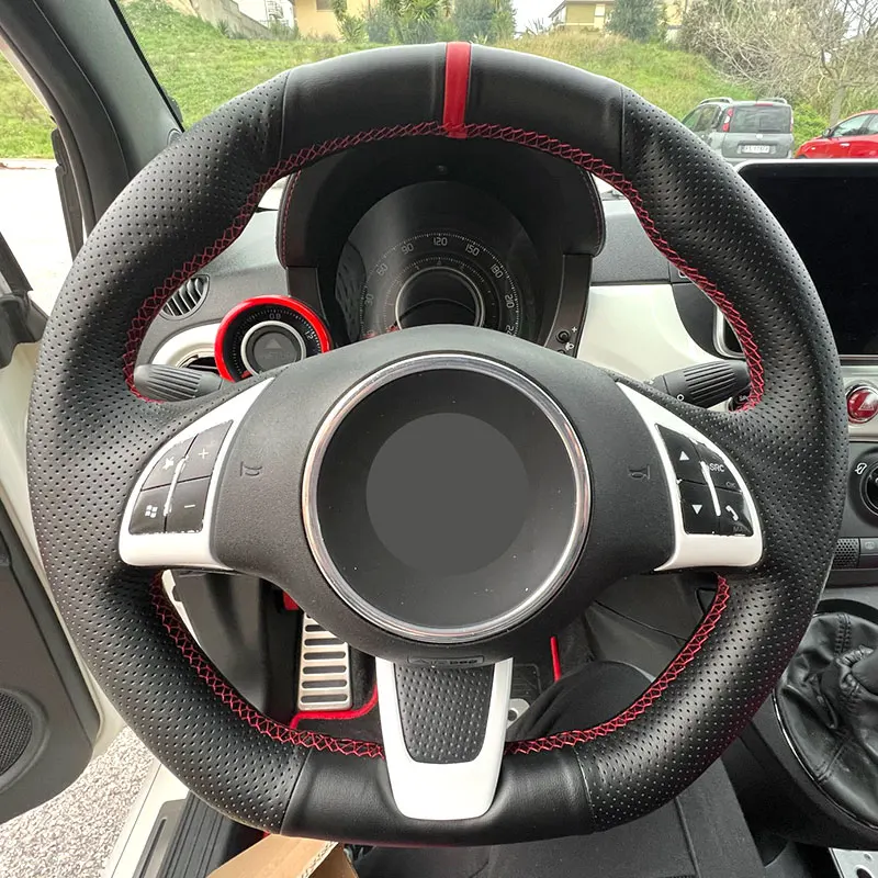 Per Fiat 500 500C 2013-2015 per Abarth 500 500C 595 595C 2009-2016 coprivolante per auto in pelle nera linea rossa striscia rossa