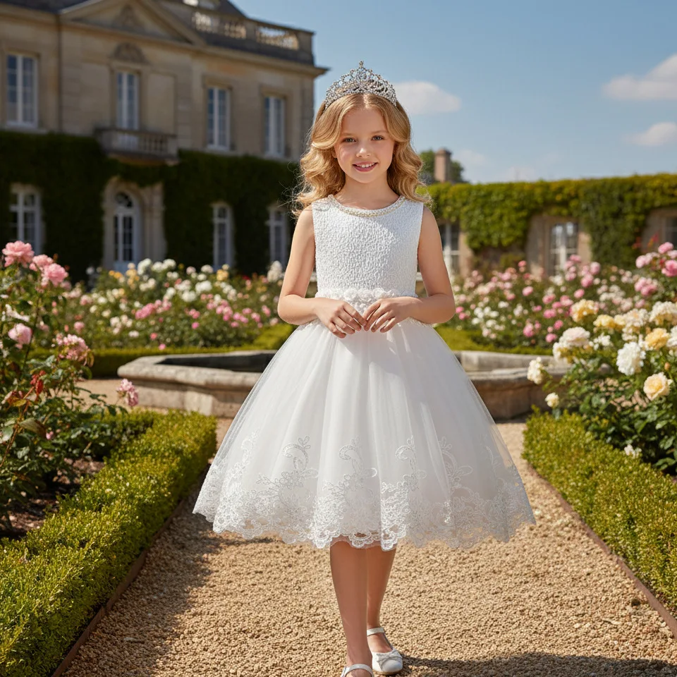 

Белое платье подружки невесты для девочек, платье принцессы с цветочной вышивкой, вечернее бальное платье, элегантные платья для свадебного причастия, 2025 г.