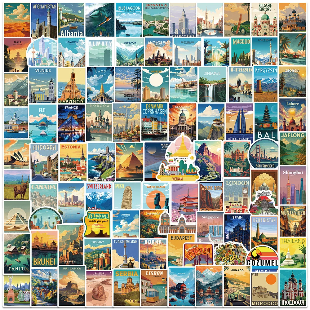 

10/30/50/100pcs Vintage Cartoon World Tourism Landmark Stickers Graffiti Decals Laptop Car Bike Phone Decoration Sticker Kid Toy