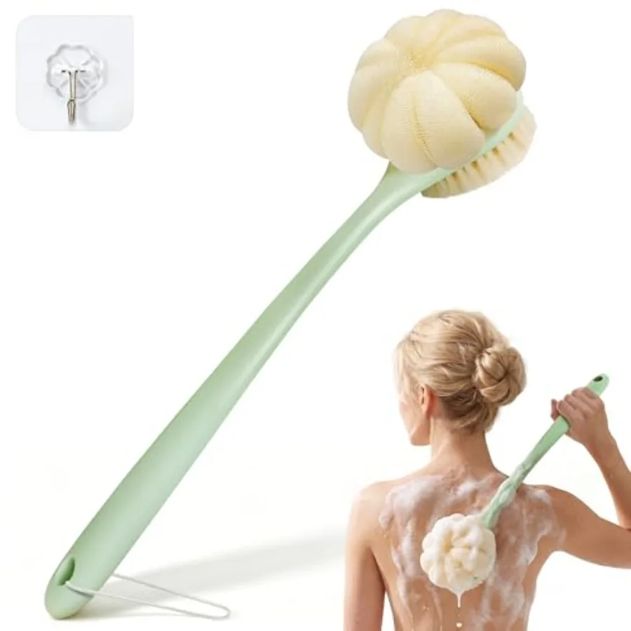 Back Scrubber for Shower, 15.7" Loofah with Handle, Back Shower Brush with Bristles and Loofah, Dry Brushing Body Brush for Cle