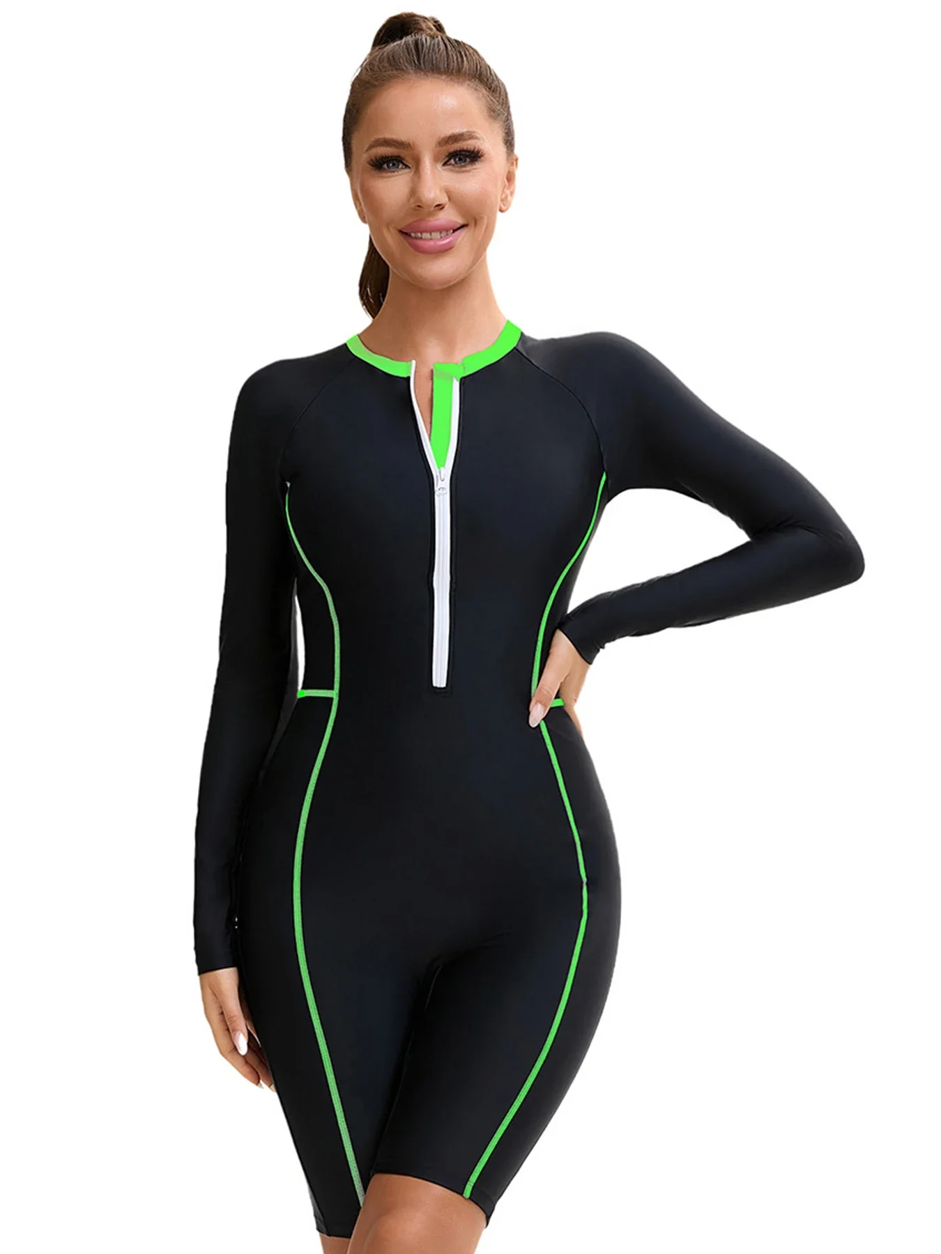 2025 nuevo traje de baño deportivo de una pieza de retazos para mujer, traje de baño de manga larga con cremallera, trajes de baño profesionales para mujer, ropa de playa