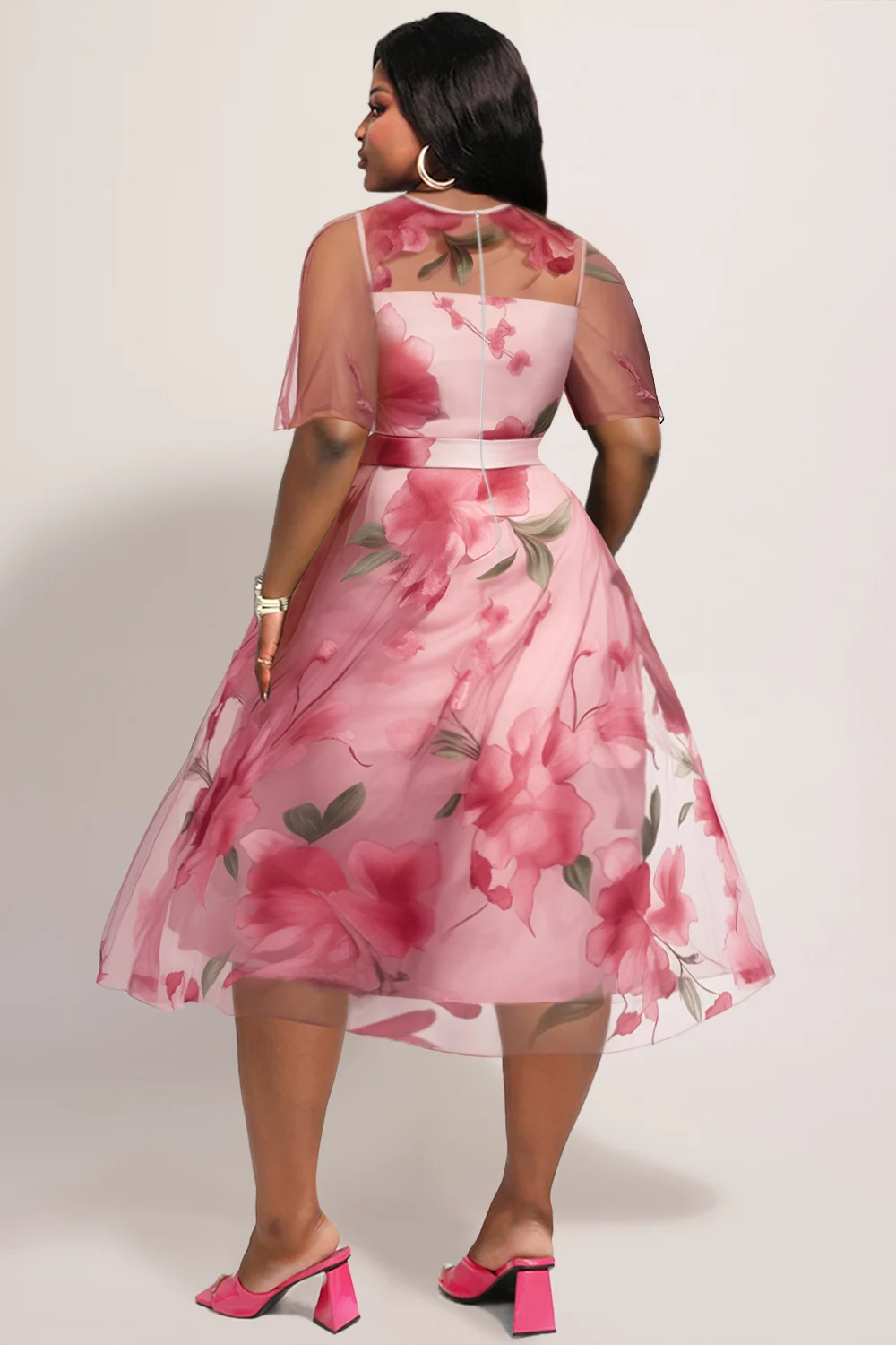 Plus Size Wedding Guest Pink Floral Round Neck Short Sleeve See Through Chiffon Midi Dresses