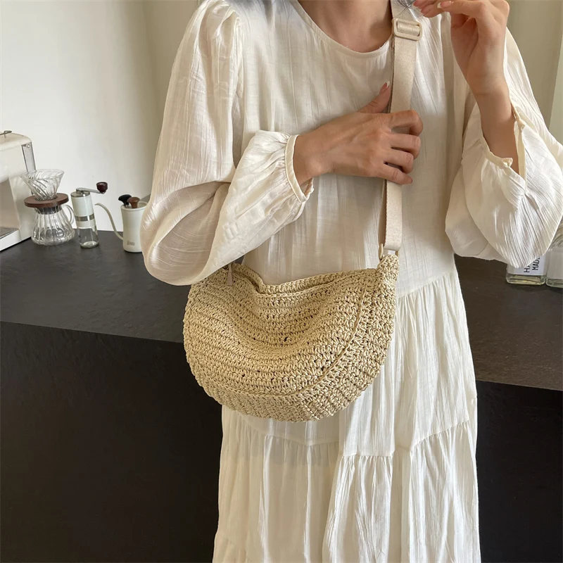 Solid Color Straw Crossbody Bags For Women 2024 Korean Fashion Summer Shoulder Bags Lady Travel Handbags Female Weave Beach Bag