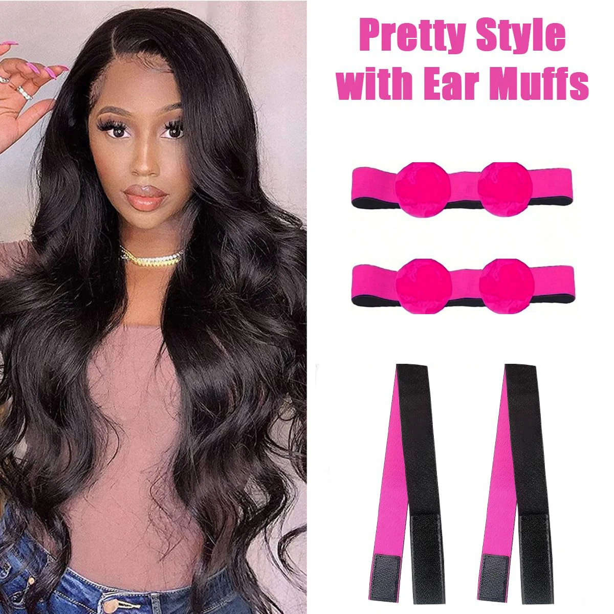 4PCS Adjustable Wig Band with Ear Covers, Black Elastic Lace Bands for Wigs Elastic Wig Band（2pcs protect band+2pcs band）