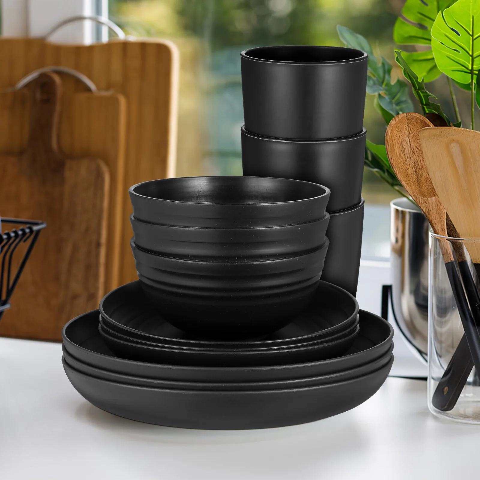 

1Set Wheat Straw Dinnerware Set Black Plates Bowls Cups Sturdy Heat Resistant Camping Picnic Dorm Outdoor Dinnerware