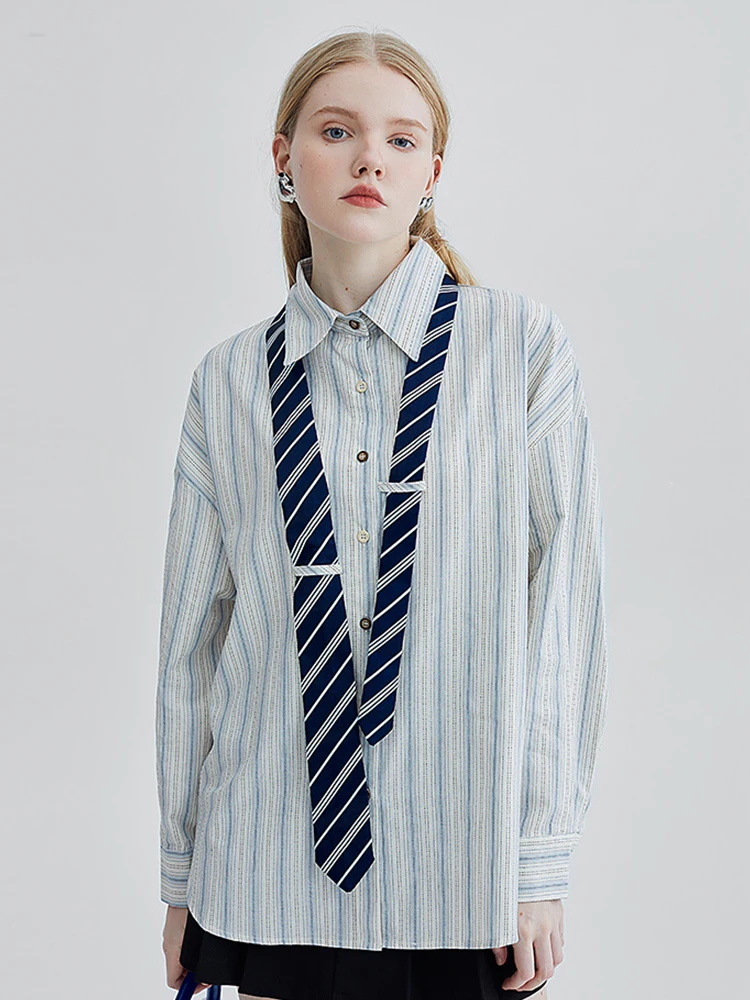 Blue Color Striped Design Tie Decoration Blouses Women Preppy Style Irregular Shirt Retro Sweet Cute Style Over-shirt Y2K Loose